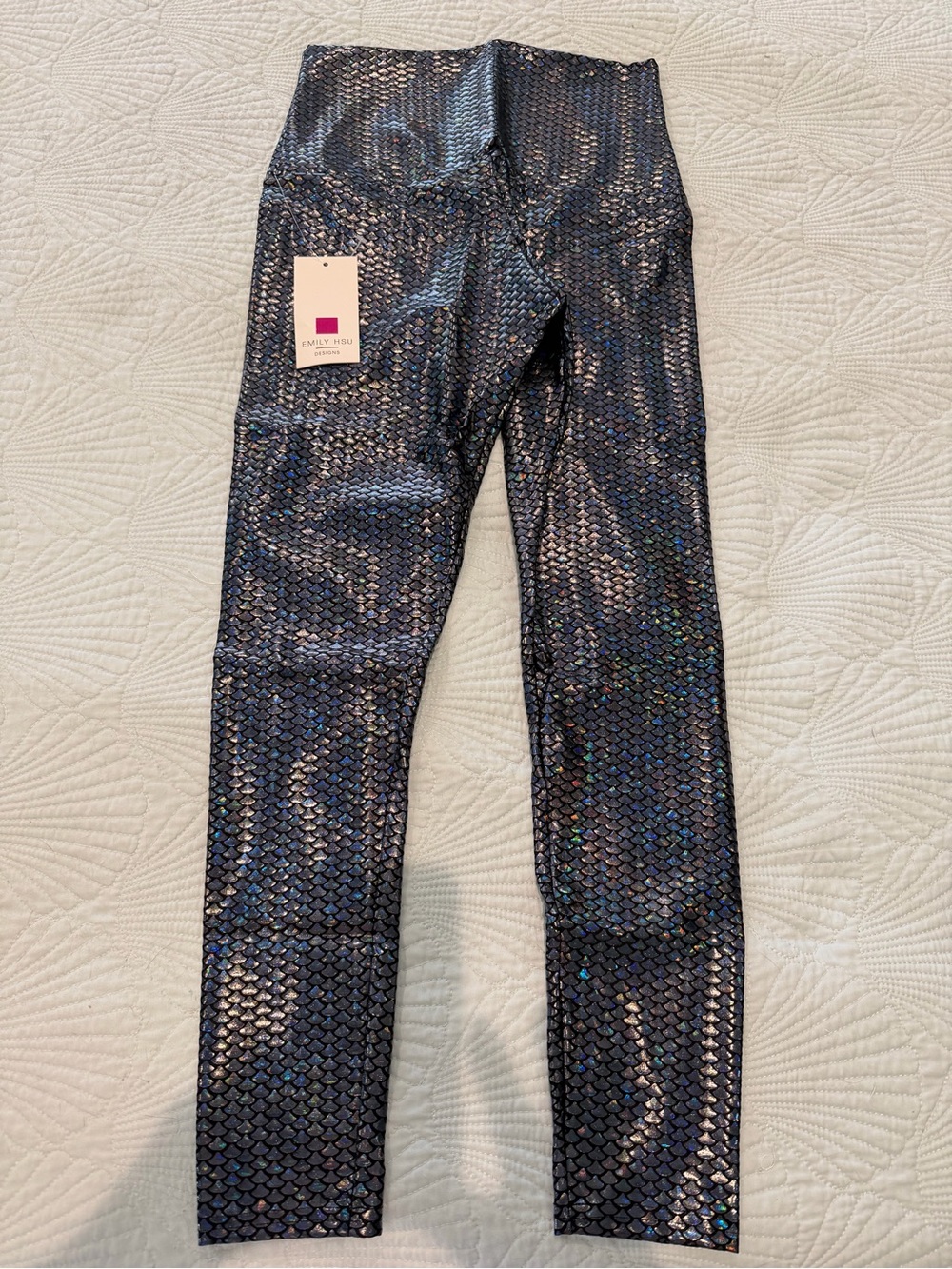 Emily Hsu Women's High-Waist Holographic Midnight Mermaid Black Leggings L NWT